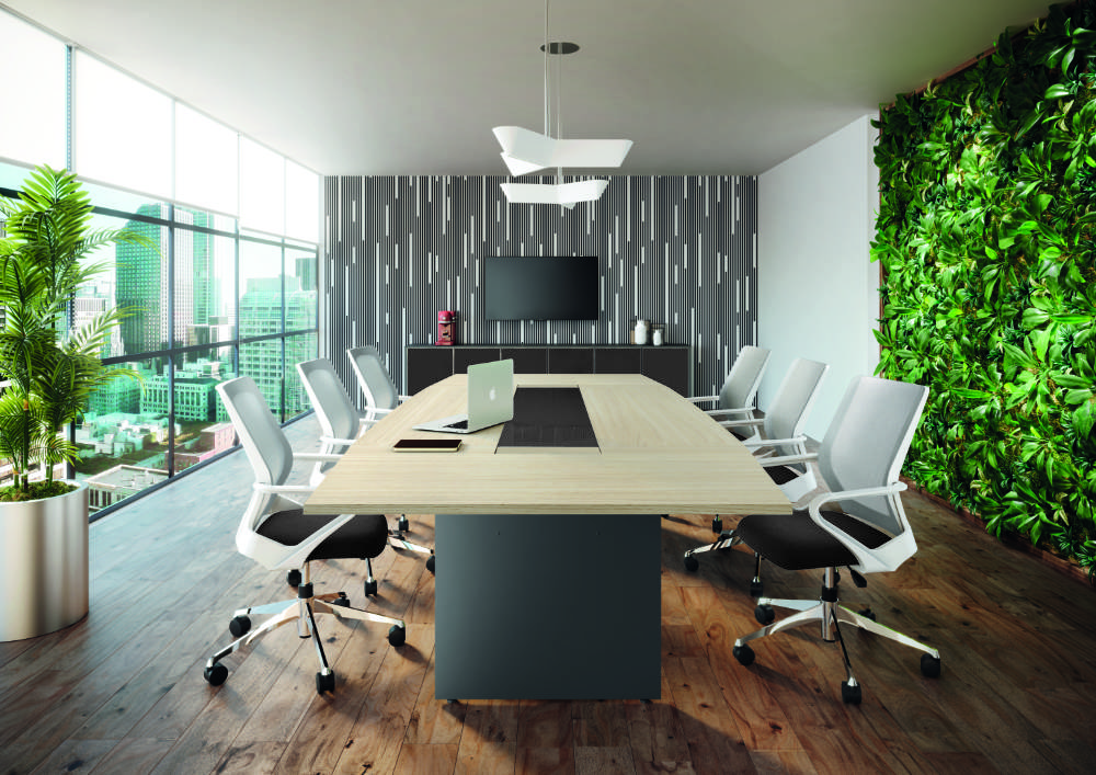Mesa de reunião formato canoa com detalhe em vidro Versatile